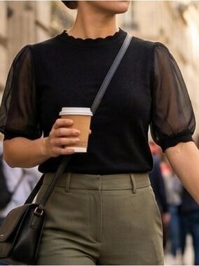 Adrianna Papell Mixed Media Knit Top | Sheer Organza Puff Sleeve S (fits like M)